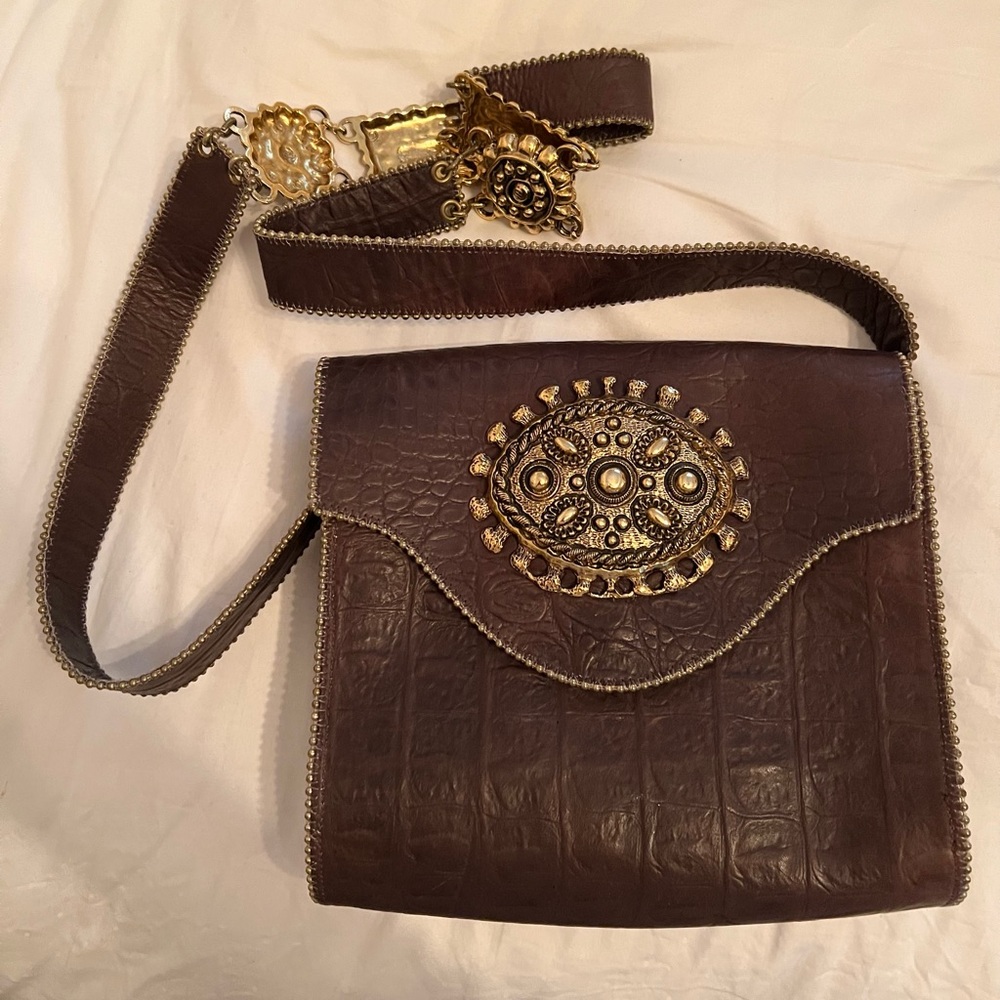 Chic Brown Crossbody Bag with Gold Detailing